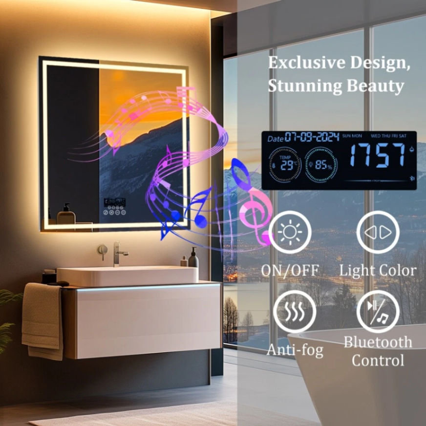 Bluetooth Lighted LED Bathroom Mirror Square Vanity Mirror Dimmable Anti-Fog HD63145798767875113