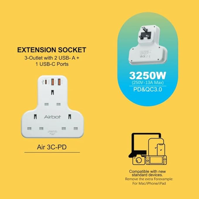 محول منفذ تمديد متعدد Airbot Air 3C-PD بقدرة ٣٢٥٠ واط، منفذ ثلاثي الاتجاهات، محول طاقة، تمديد متعدد المآخذ مع منفذَيْ USB وType-C PD، محول منفذ تمديد خارجي62885105504898115