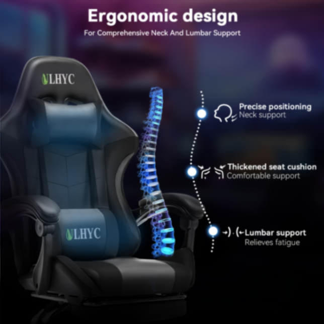 ULHYC Esports Gaming Chair, Adjustable Computer Chair, Computer Office, Pu Leather, High Backrest, Lumbar Support, Comfortable Armrests, Headrest With Footrest, 360° Rotation,Dark63526698106499111