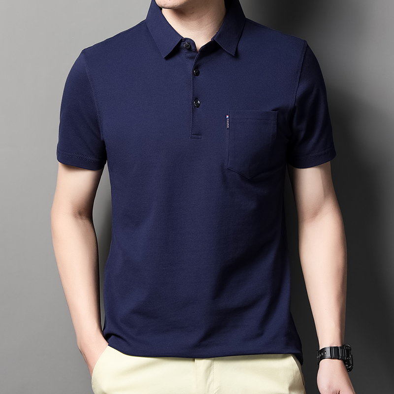 MOAIKA 100% Cotton Pocket Polo Shirt Solid Collar Short Sleeve       Navy blue63525145815683111