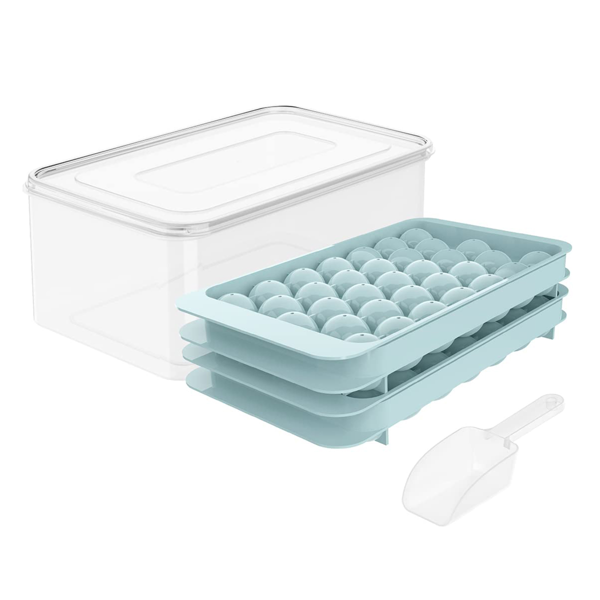 Blythornix Ice Cube Mold and Trays for Freezer with Lid and Bin Barware Plastic, Round Ice Ball Maker with Container and Scoop 33pcs 2 Packs 