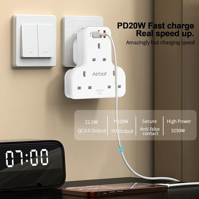 مقبس تمديد متعدد Airbot Air 3C-PD بقوة 3250 واط، مقبس طاقة ثلاثي الاتجاهات مع منفذ USB + منفذ Type-C PD، محول مقبس تمديد متعدد62885105504898112