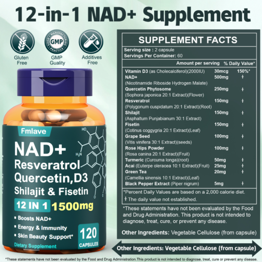 FMLAVE مكمل دعم الجمال NAD+ 12 في 1، صيغة تحتوي على كويرسيتين وفيتامين D3 والشيلاجيت والفيس汀، دعم لتعزيز الشباب والمناعة والطاقة والتركيز للرجال والنساء البالغين، 120 كبسولة63084887988867113