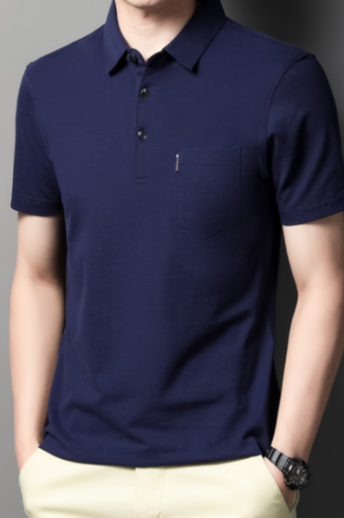MOAIKA 100% Cotton Pocket Polo Shirt Solid Collar Short Sleeve       Navy blue63525145815683112