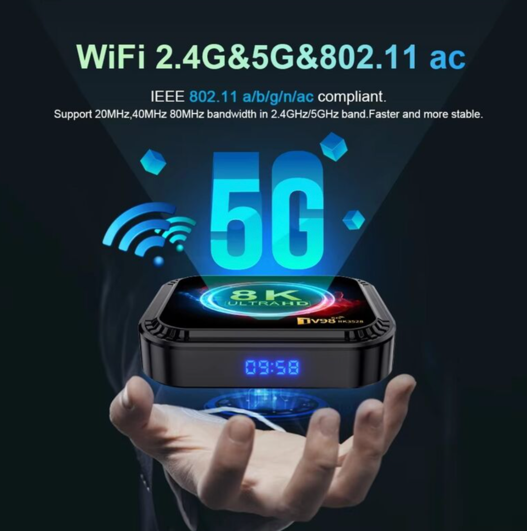 صندوق تلفاز ذكي TV98 RK3528، صندوق أندرويد 13 RK3528، رباعي النواة، واي فاي مزدوج 4G و5G، بلوتوث 5.0، 4 جيجابايت، 64 جيجابايت، جهاز تحكم عن بعد بصري، مشغل فيديو 8K HD، صندوق فك التشفير63228185334017114
