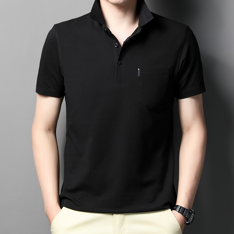 MOAIKA     100% Cotton Pocket Polo Shirt Solid Collar Short Sleeve         black63525120414465113
