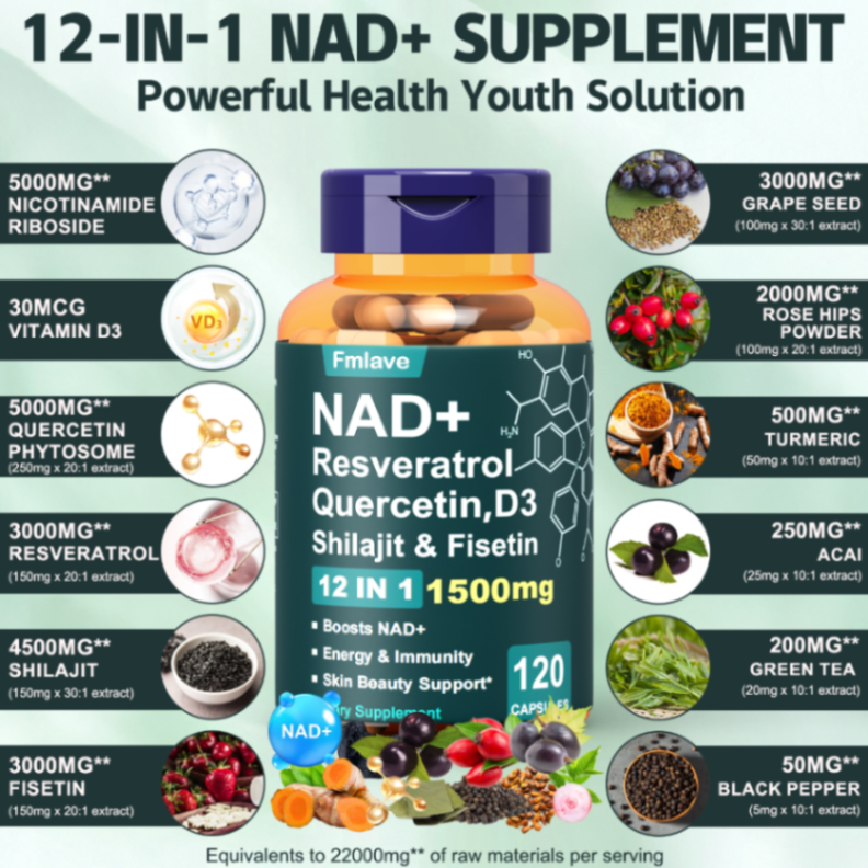 FMLAVE مكمل دعم الجمال NAD+ 12 في 1، صيغة تحتوي على كويرسيتين وفيتامين D3 والشيلاجيت والفيس汀، دعم لتعزيز الشباب والمناعة والطاقة والتركيز للرجال والنساء البالغين، 120 كبسولة63084887988867111
