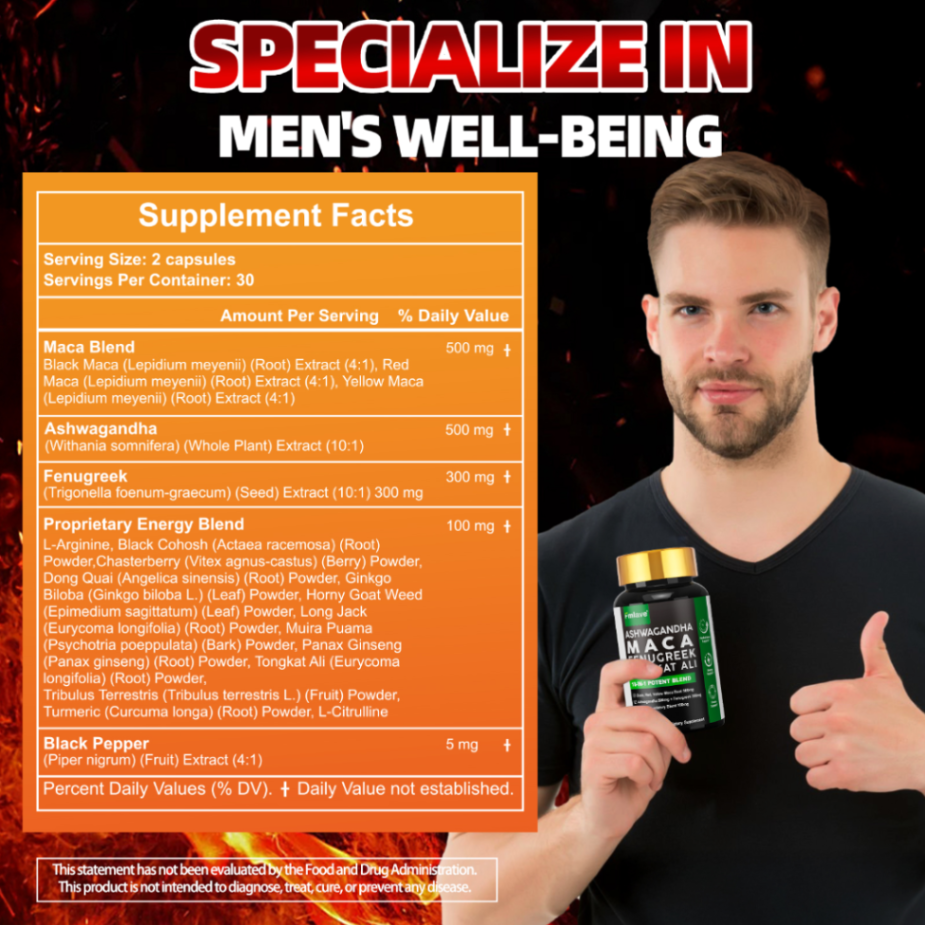 Fmlave Maca Root Supplement 60 Capsules-30-Day Supply of Maca Root, Ashwagandha & Black Pepper Extract,Tribulus Terrestris Extract,Epimedium|Unisex Energy Booster Supplements63084945607299112