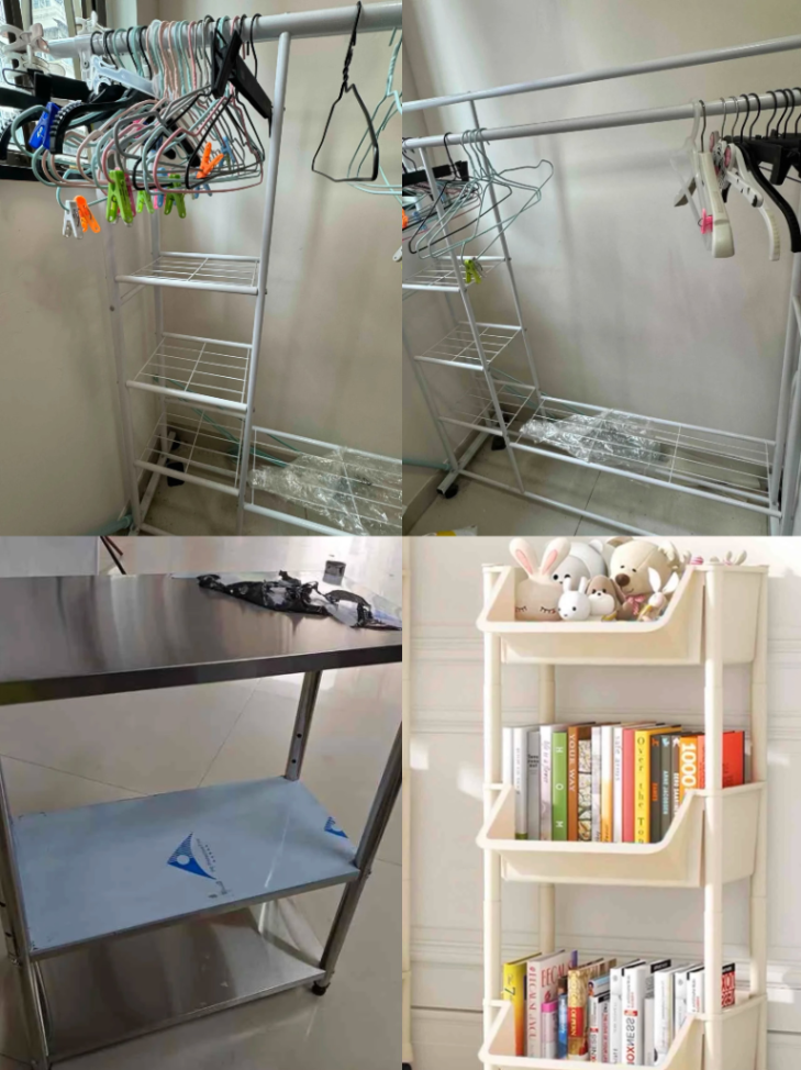 Hangers, table, and portable small bookcase for sale as a package632252335998731116