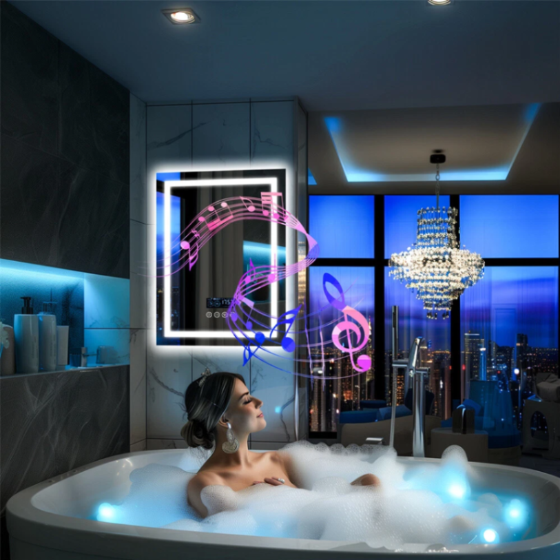 مرآة حمام مضادة للضباب مقاس 27.5 بوصة × 35.4 بوصة بإضاءة LED مع متكلم بلوتوث وإضاءة أمامية وخلفية63192190694274113