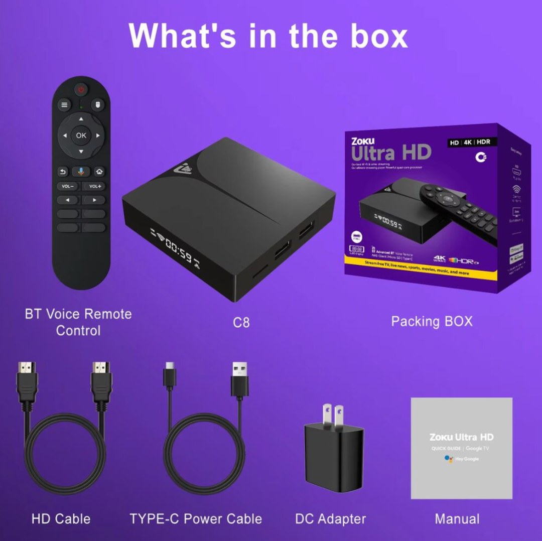 جهاز تلفاز ذكي C8 Amlogic S905d2 بسعة 16 جيجابايت، جهاز استقبال تلفزيوني يعمل بنظام أندرويد 14، مع جهاز تحكم عن بعد بخاصية البلوتوث والصوت، بشاشة عرض رقمية، جهاز أندرويد بوكس63234649060483114