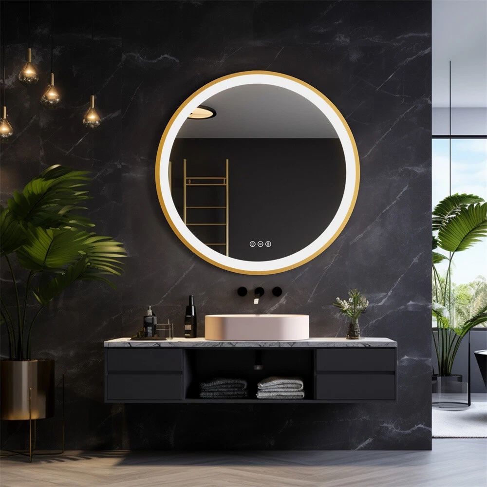23.6" Round LED Mirror for Bathroom with Front Lights Gold Metal Framed Makeup Mirrors631926155125781125