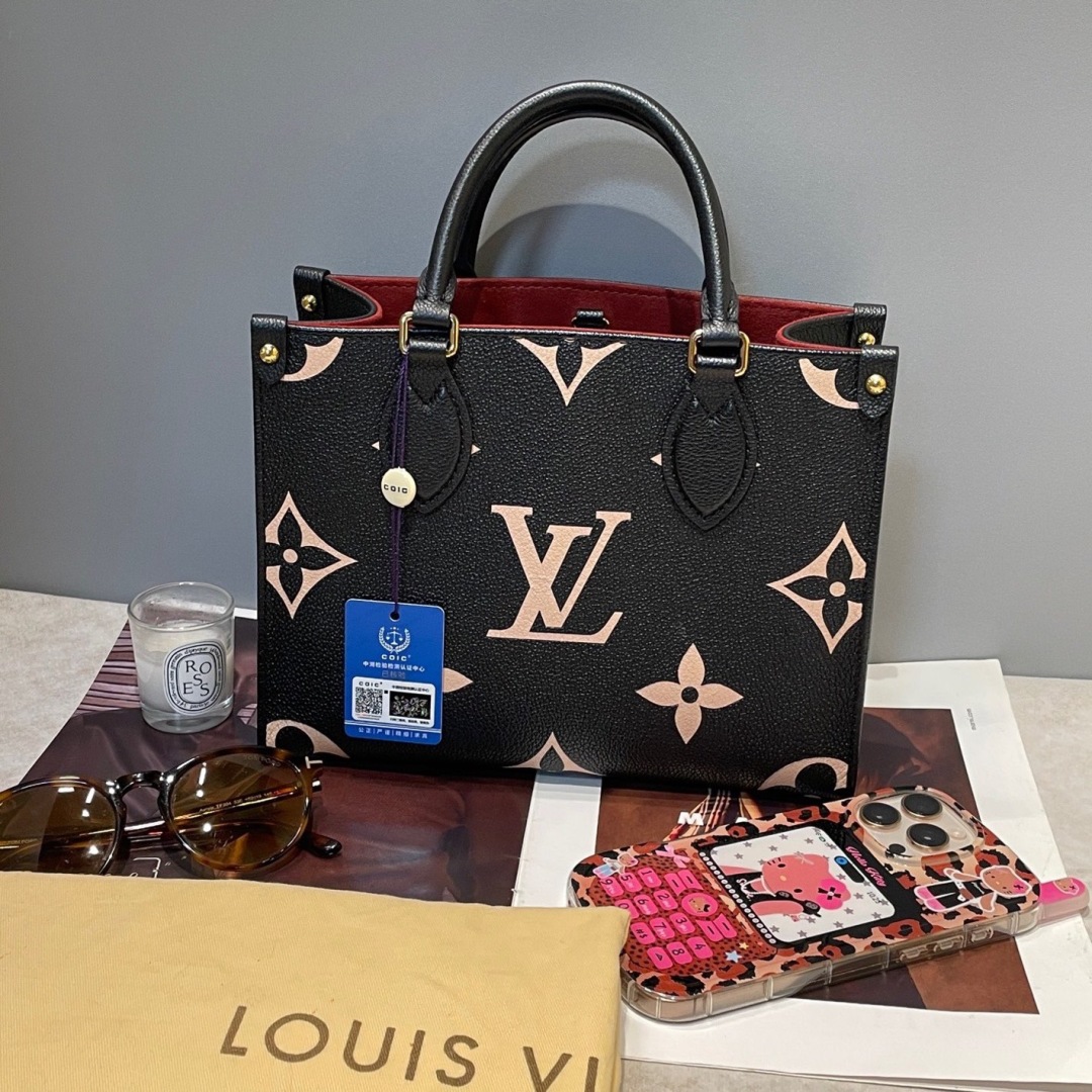 LV/Louis Vuitton – Bolso tote pequeño On the Go en piel de vaca completa con estampado negro