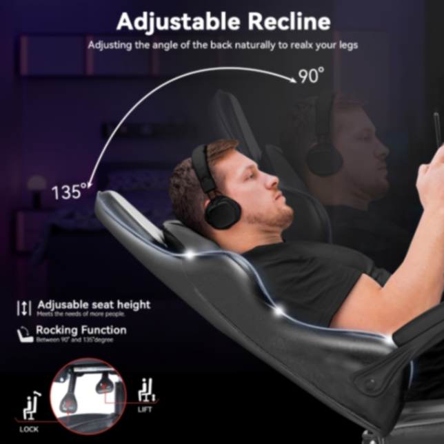 ULHYC Esports Gaming Chair, Adjustable Computer Chair, Computer Office, Pu Leather, High Backrest, Lumbar Support, Comfortable Armrests, Headrest With Footrest, 360° Rotation,Dark63526698106499112