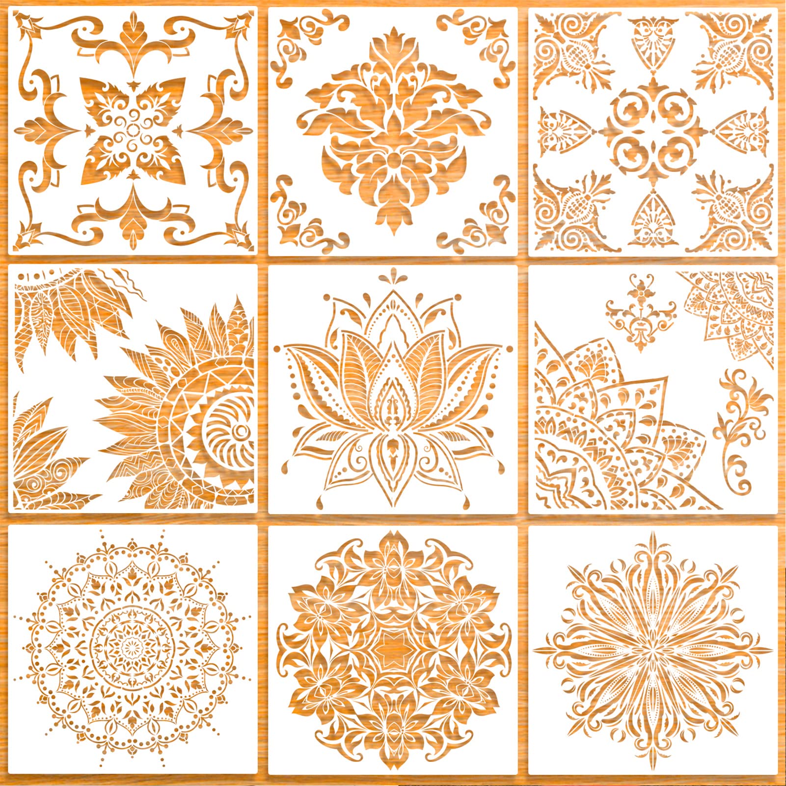 Blythornix Painting Stencils Kit Reusable, Artist Drawing Aids, Painting Template for Floor Wall Tile Wood, Fabric Crafts Furniture Stencils Painting 9 Packs Large, White