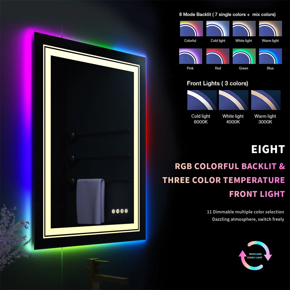 LED Bathroom Mirror Vanity RGB Multicolor Backlit + Adjustable Front-Lighted63124083482497116