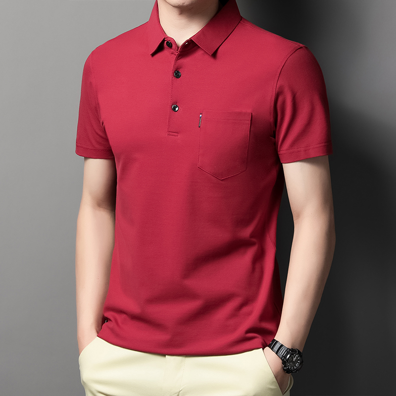 MOAIKA 100% Cotton Pocket Polo Shirt Solid Collar Short Sleeve      wine red63525134199298111