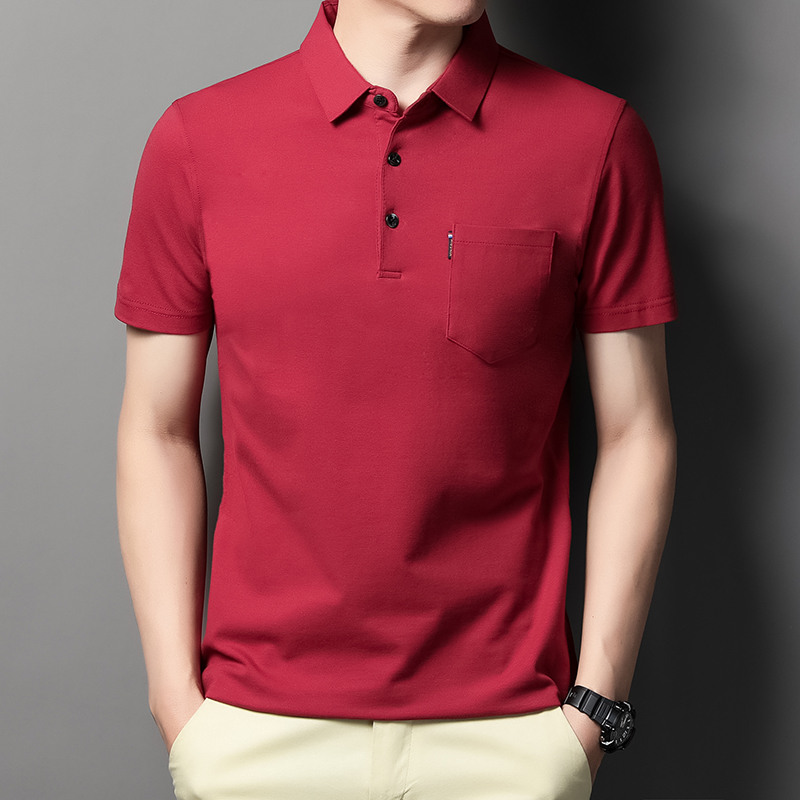 MOAIKA 100% Cotton Pocket Polo Shirt Solid Collar Short Sleeve      wine red635251341992981121