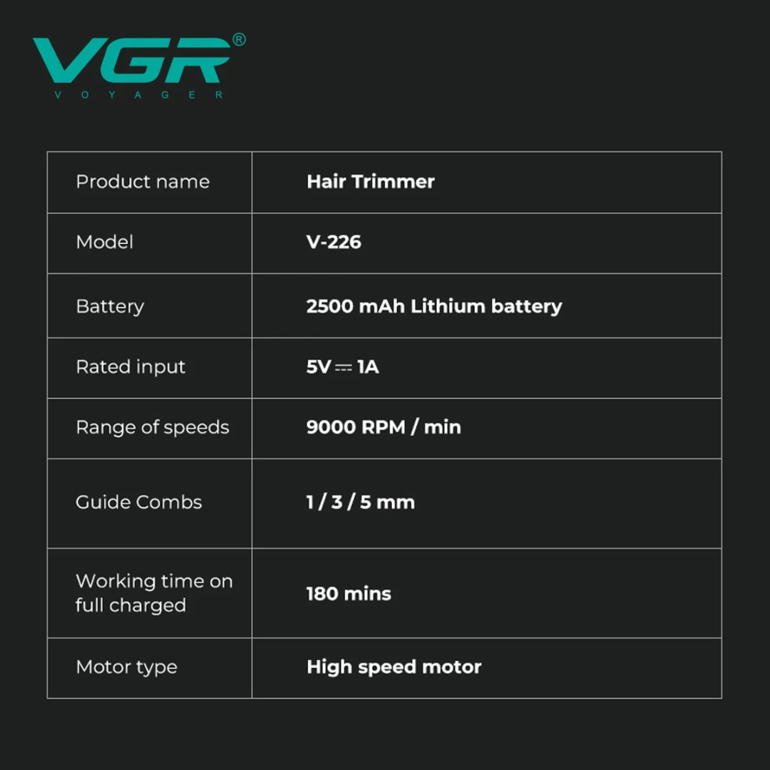 ماكينة قص شعر VGR V226 متعددة الاستخدامات، ماكينة قص شعر احترافية لاسلكية بسرعة 9000 دورة في الدقيقة، ماكينة حلاقة قابلة لإعادة الشحن للرجال ب刀ة DLC63214237421953112