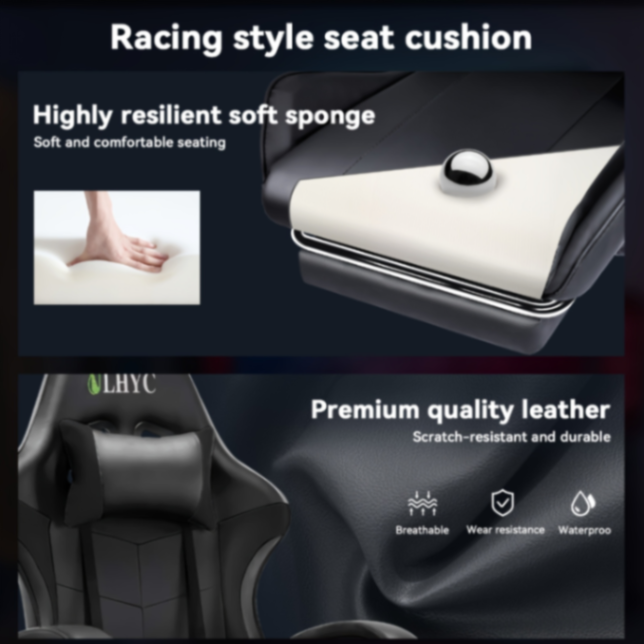 ULHYC Esports Gaming Chair, Adjustable Computer Chair, Computer Office, Pu Leather, High Backrest, Lumbar Support, Comfortable Armrests, Headrest With Footrest, 360° Rotation,Dark63526698106499113