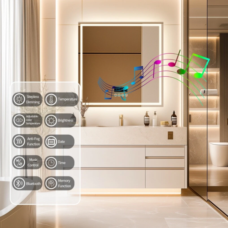 Bluetooth Lighted LED Bathroom Mirror Square Vanity Mirror Dimmable Anti-Fog HD63145798767875114