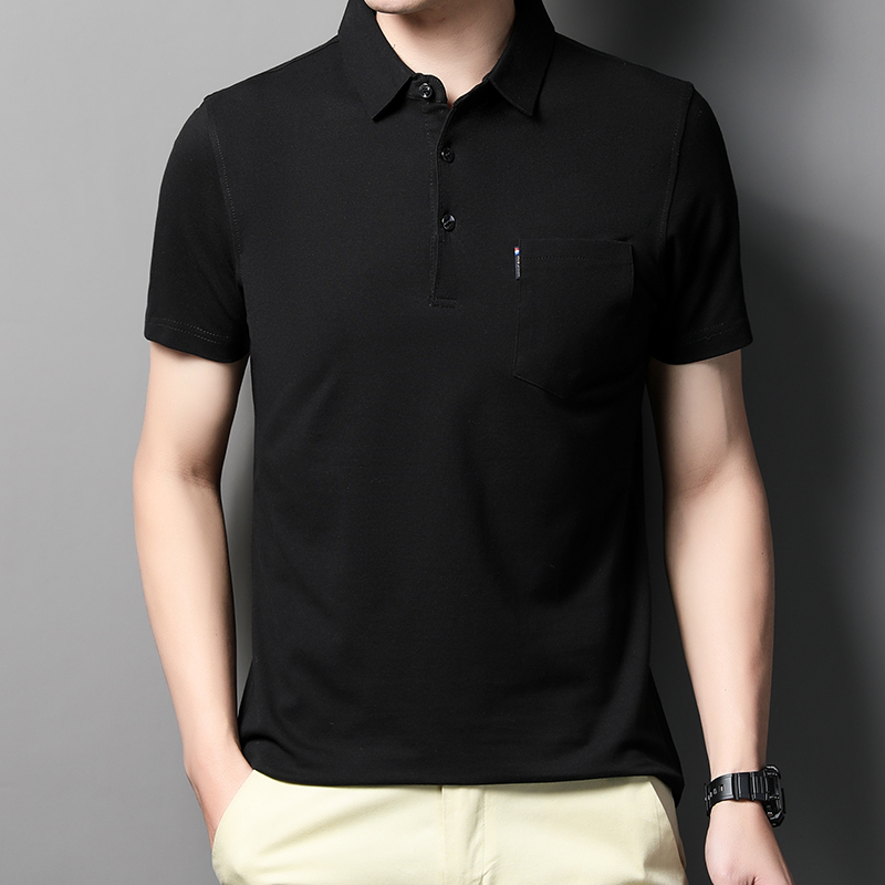 MOAIKA     100% Cotton Pocket Polo Shirt Solid Collar Short Sleeve         black63525120414465112