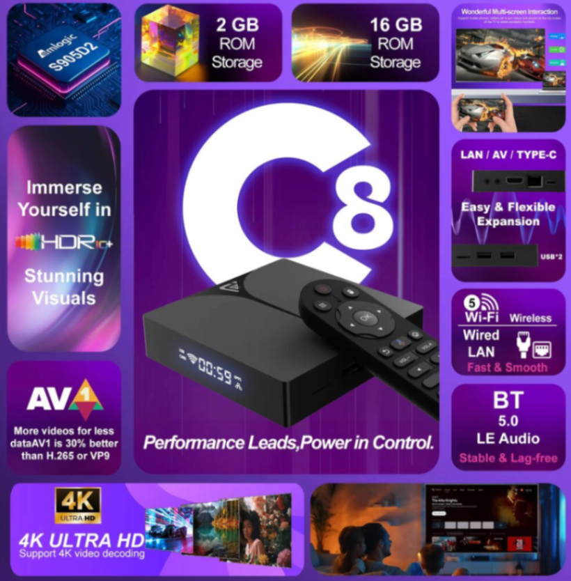 جهاز تلفاز ذكي C8 Amlogic S905d2 بسعة 16 جيجابايت، جهاز استقبال تلفزيوني يعمل بنظام أندرويد 14، مع جهاز تحكم عن بعد بخاصية البلوتوث والصوت، بشاشة عرض رقمية، جهاز أندرويد بوكس63234649060483113