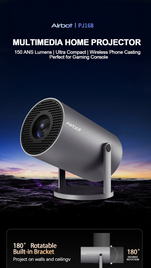 Airbot PJ168 EU - جهاز عرض ألعاب 1080P/4K مع واي فاي 6، 150 لومن ANSI، نظام أندرويد 11، عرض 360°، جهاز عرض محمول وخفيف الوزن62884967256194111
