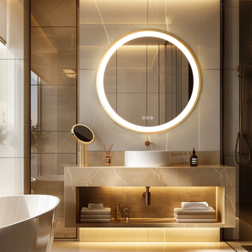 مرآة LED دائرية 23.6 بوصة للحمام مع إضاءة أمامية وإطار معدني ذهبي لمرآة المكياج63192615512578111