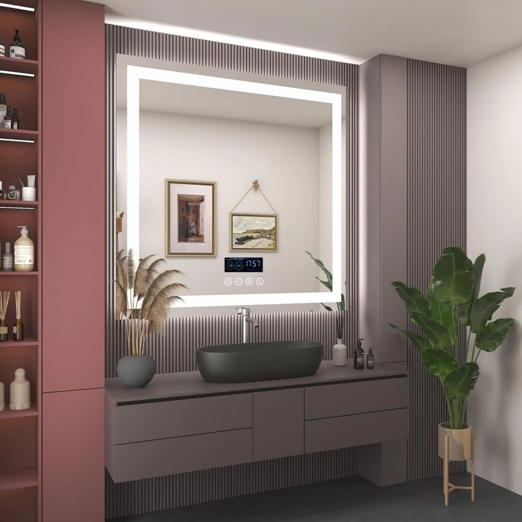 Bluetooth Lighted LED Bathroom Mirror Square Vanity Mirror Dimmable Anti-Fog HD63145798767875111