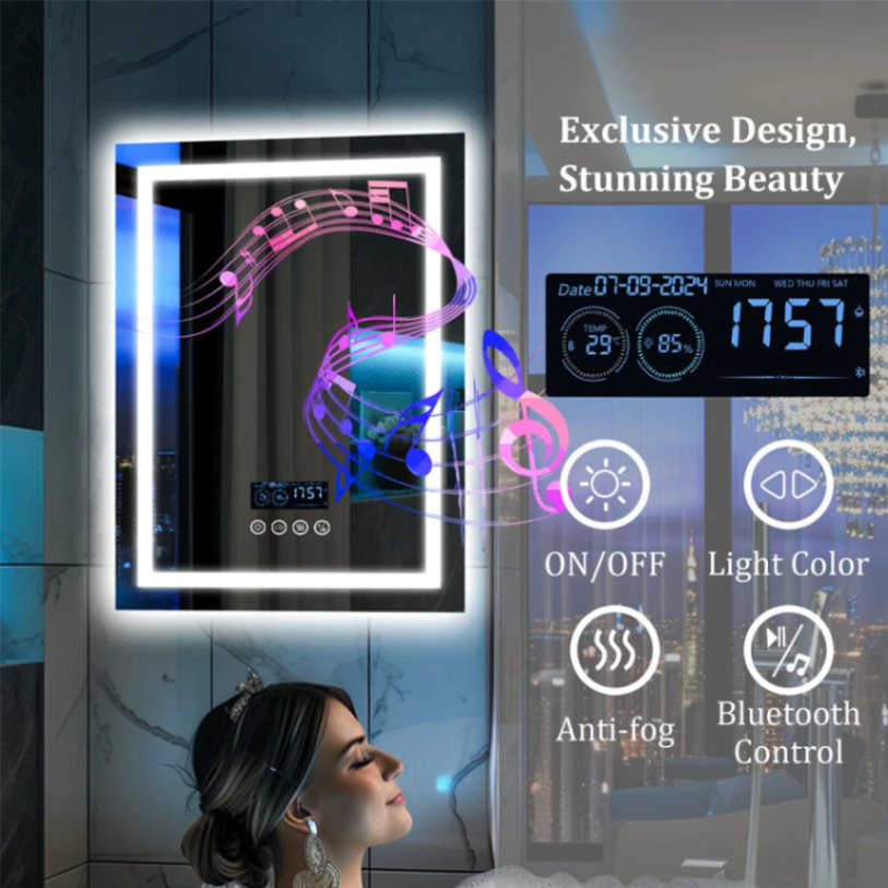 مرآة حمام LED مضادة للضباب بحجم 23.6 بوصة × 31.5 بوصة من Labella مع مكبر صوت بلوتوث وإضاءة أمامية وخلفية63192173243905114