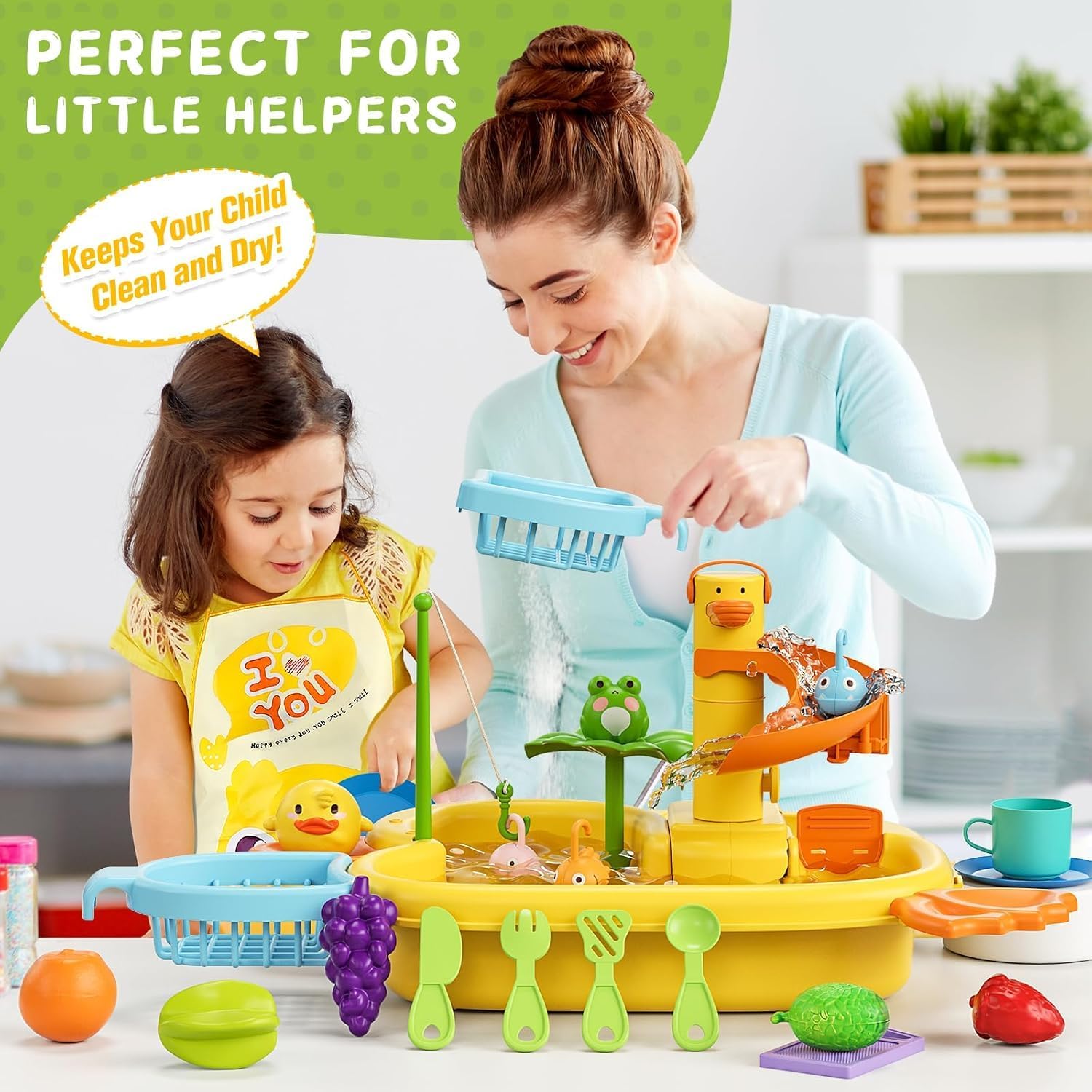 Kids Kitchen Sink Toys, 3 in 1 Toy Sink with Flowing Water, with Electric Duck Faucet, Water Slide, Pool Float Fishing Game Gift Toy for Boys Girls Z00263680560665603111