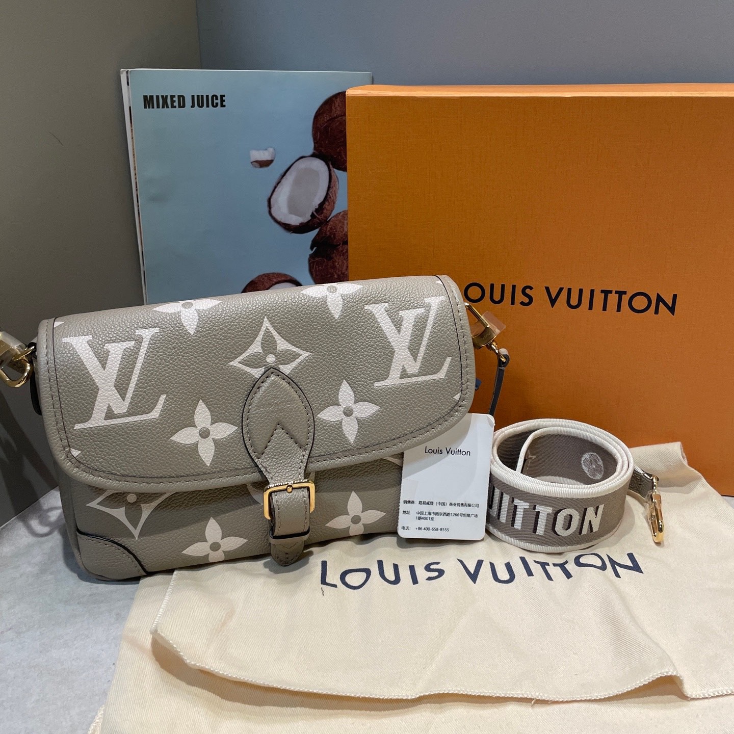LV/Louis Vuitton – Bolso bandolera gris elefante tipo baguette, 25 × 15