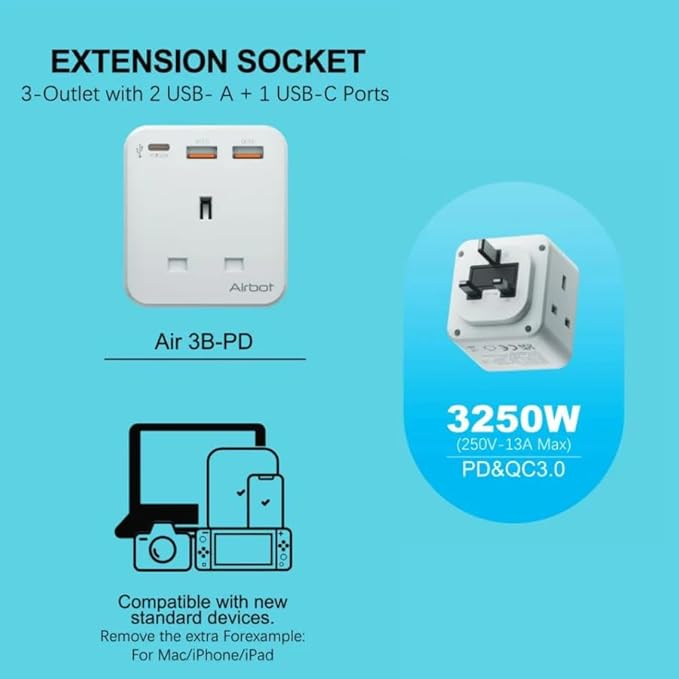 مقبس تمديد Airbot Air 3B-PD، سعة ٣٢٥٠ واط، يحتوي على ٣ منافذ كهربائية، مقبس تمديد متعدد التوصيلات، محول طاقة متعدد مع منفذَيْ USB وType-C للشحن السريع62885092999170115