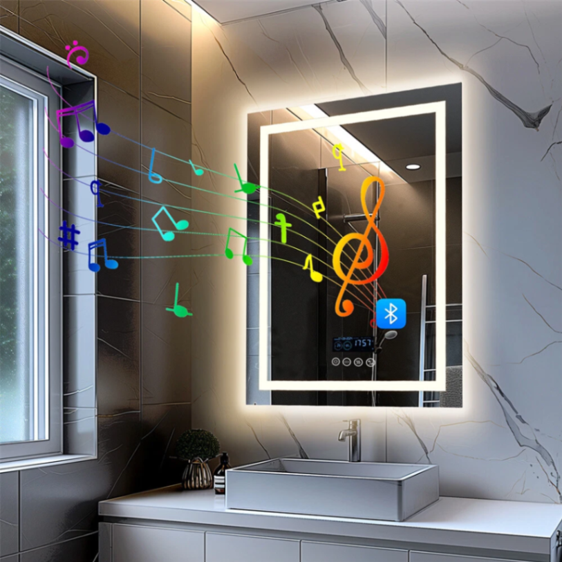 مرآة حمام مضادة للضباب مقاس 27.5 بوصة × 35.4 بوصة بإضاءة LED مع متكلم بلوتوث وإضاءة أمامية وخلفية63192190694274118