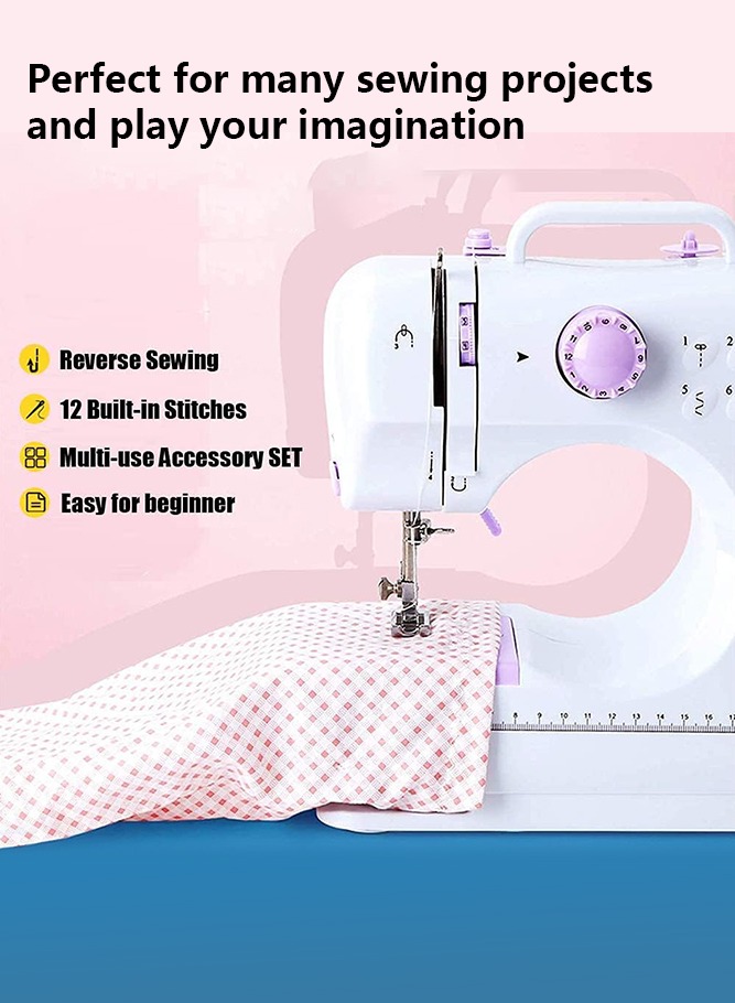 Sewing Machine for Beginners, Electric Mini Portable, 12 Built-in Stitches with Reverse Sewing, 2 Speeds Double Thread with Foot Pedal, Floral Cotton Fabric and Sewing Threads Set WCP011463681091735811113