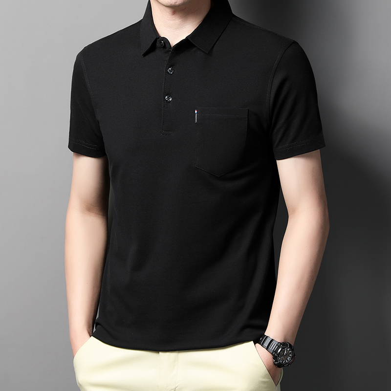 MOAIKA     100% Cotton Pocket Polo Shirt Solid Collar Short Sleeve         black63525120414465111