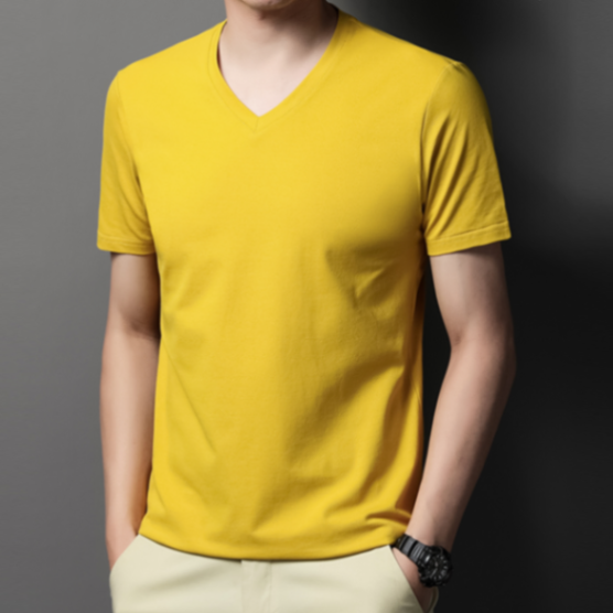 MOAIKA Classic Basic Solid Short Sleeve Men's Cotton Heart Collar Shirt     yellow63554382355971111
