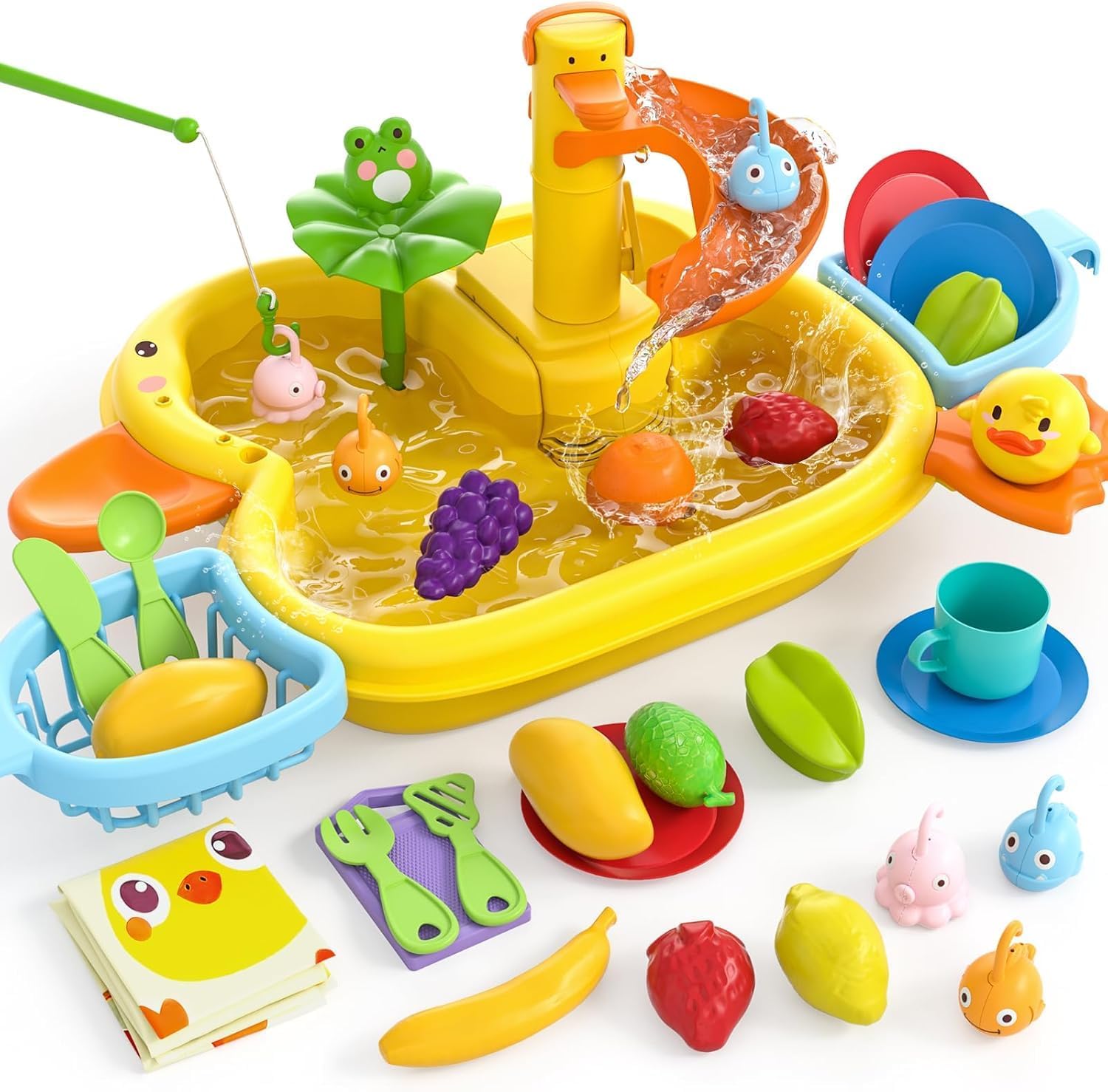 Kids Kitchen Sink Toys, 3 in 1 Toy Sink with Flowing Water, with Electric Duck Faucet, Water Slide, Pool Float Fishing Game Gift Toy for Boys Girls Z00263680560665603110