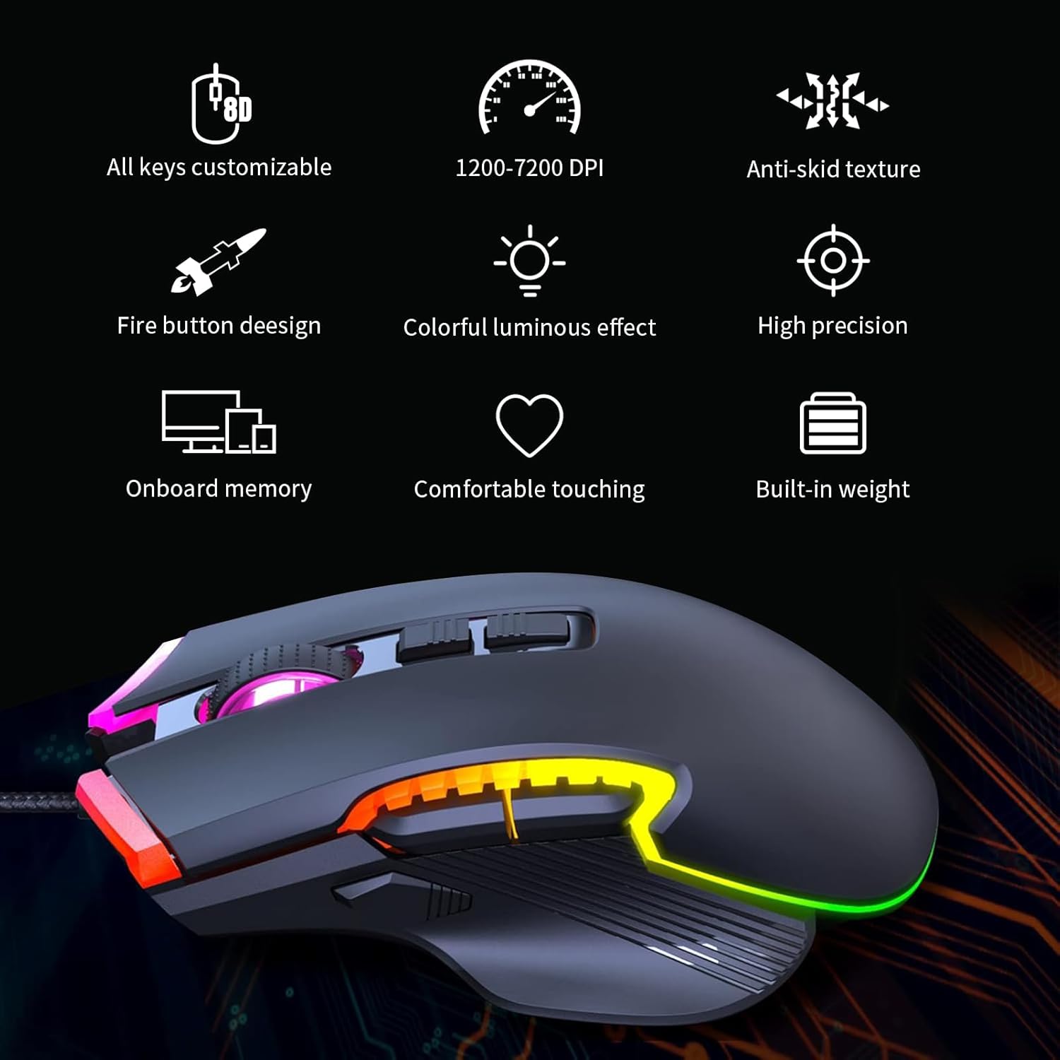 ماوس ألعاب USB سلكي، ماوس بصري للألعاب بستة إعدادات قابلة للتعديل لـ DPI مع 8 أزرار قابلة للبرمجة و13 وضع إضاءة خلفية، وزر إطلاق نار سريع LZ-08363680947626755111